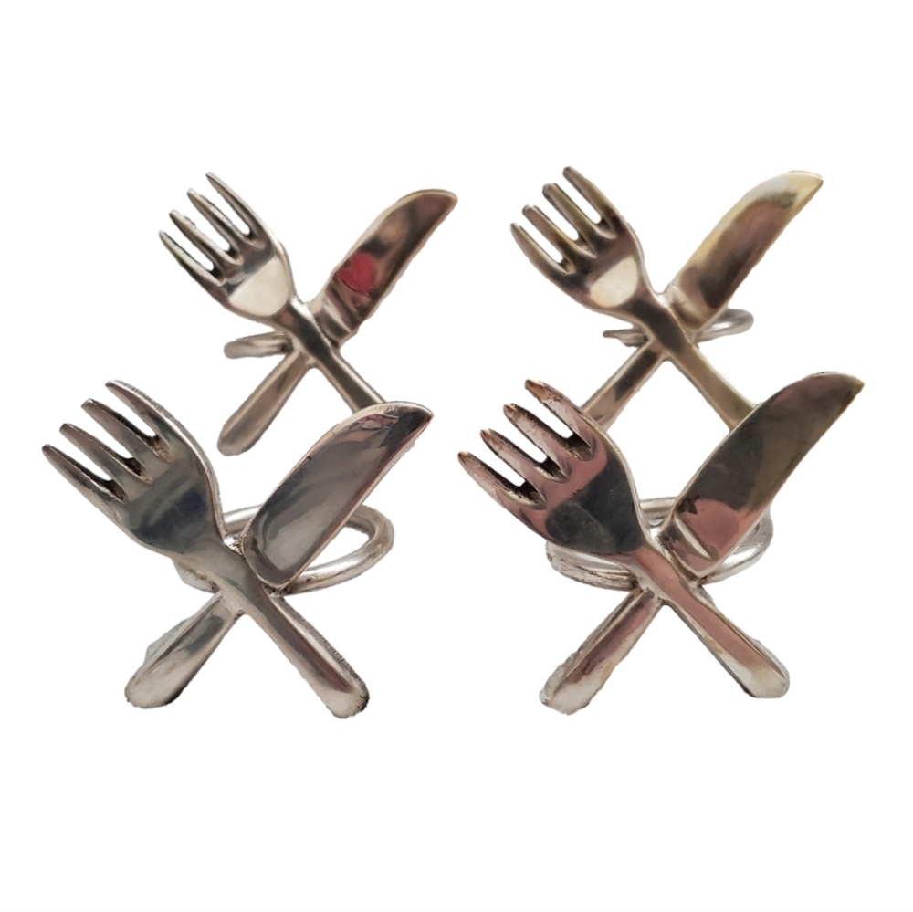 Vintage Silver Tone Knife and Fork Napkin Rings (Set of 4)